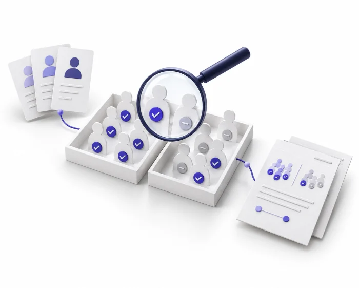 Illustrative simulation: two groups of synthetic borrowers show different approval patterns. A magnifying glass highlights the difference, which is recorded in an evidence report.